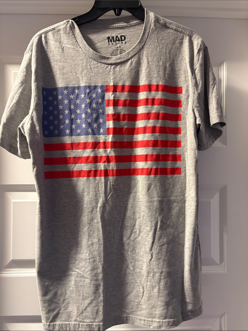 MAD Engine Gray Short-Sleeve Tee with Red & Blue Flag Print